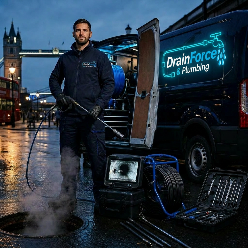 DrainForce & Plumbing engineer with branded service van, CCTV inspection monitor and drain jetting equipment